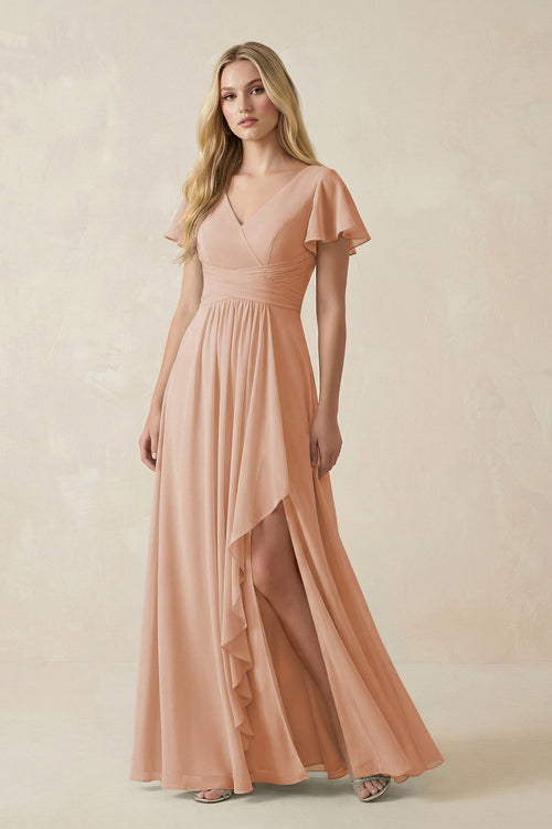V - Neck Flutter Sleeve A - Line Chiffon Bridesmaid Dress in Champagne Rose - SHE IS ME Bridesmaid Dresses