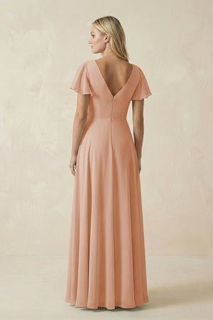 V - Neck Flutter Sleeve A - Line Chiffon Bridesmaid Dress in Champagne Rose - SHE IS ME Bridesmaid Dresses