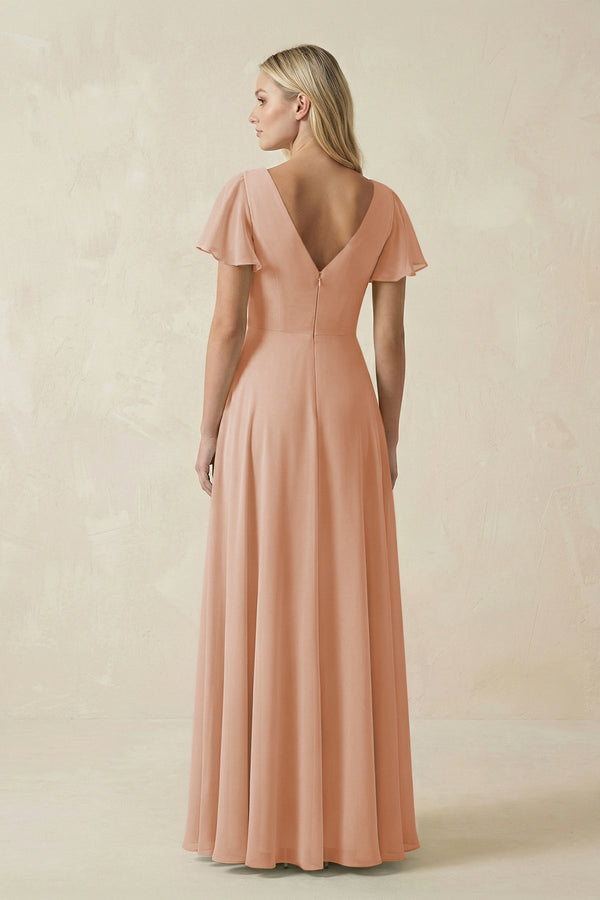 V - Neck Flutter Sleeve A - Line Chiffon Bridesmaid Dress in Champagne Rose - SHE IS ME Bridesmaid Dresses