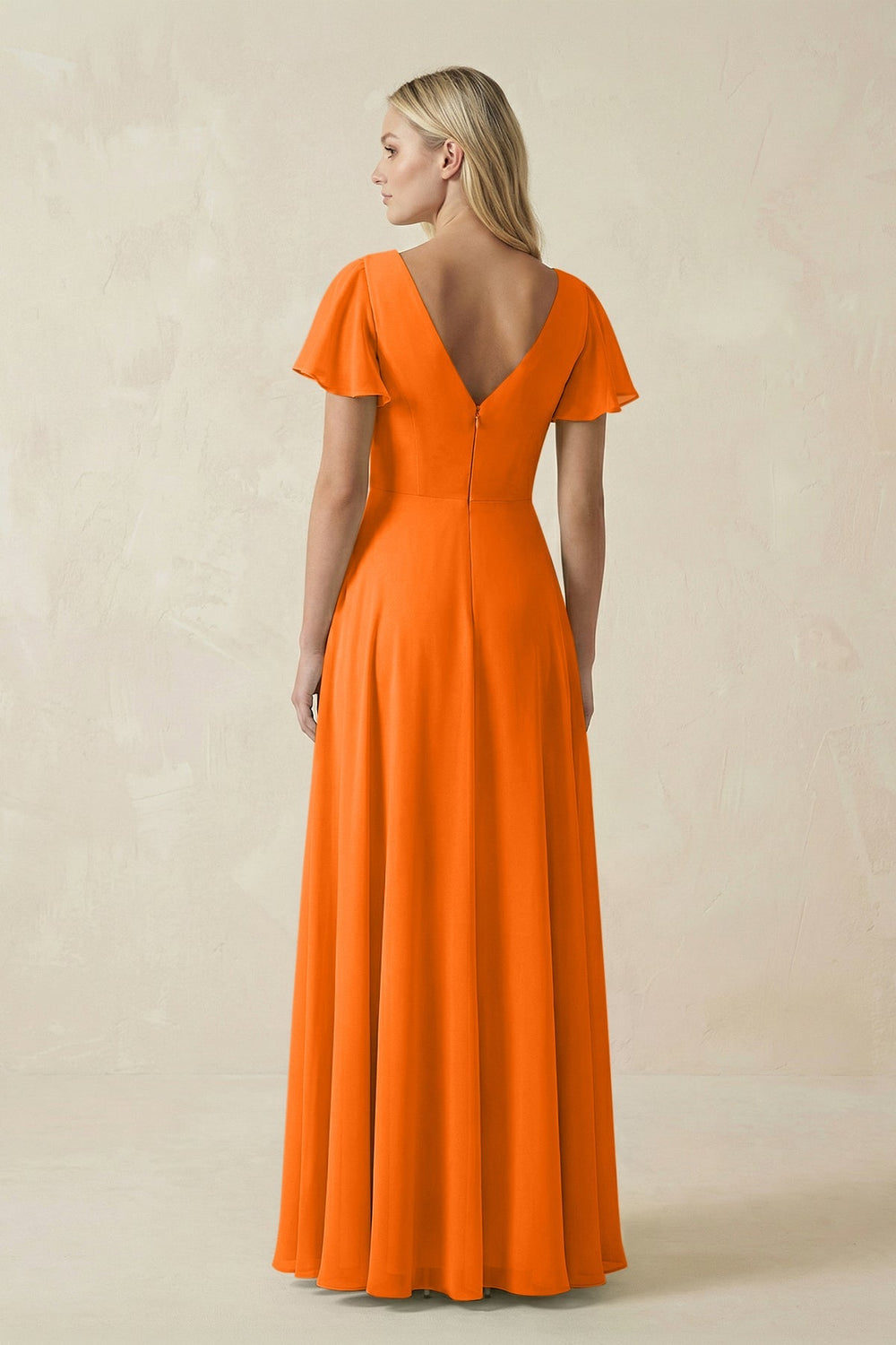 V - Neck Flutter Sleeve A - Line Chiffon Bridesmaid Dress in Cinnamon - SHE IS ME Bridesmaid Dresses