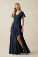 V - Neck Flutter Sleeve A - Line Chiffon Bridesmaid Dress in Dark Navy - SHE IS ME Bridesmaid Dresses