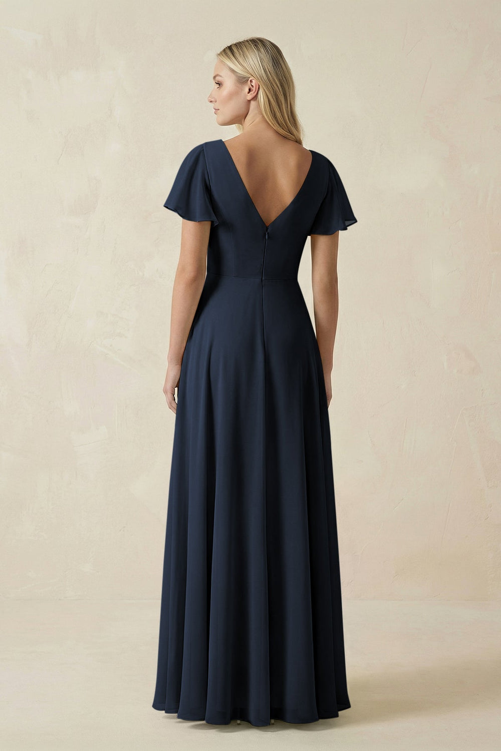 V - Neck Flutter Sleeve A - Line Chiffon Bridesmaid Dress in Dark Navy - SHE IS ME Bridesmaid Dresses