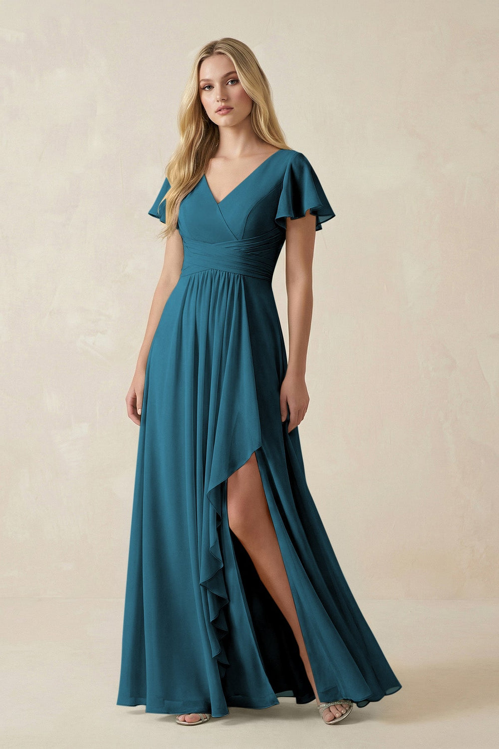 V - Neck Flutter Sleeve A - Line Chiffon Bridesmaid Dress in Dark Teal - SHE IS ME Bridesmaid Dresses