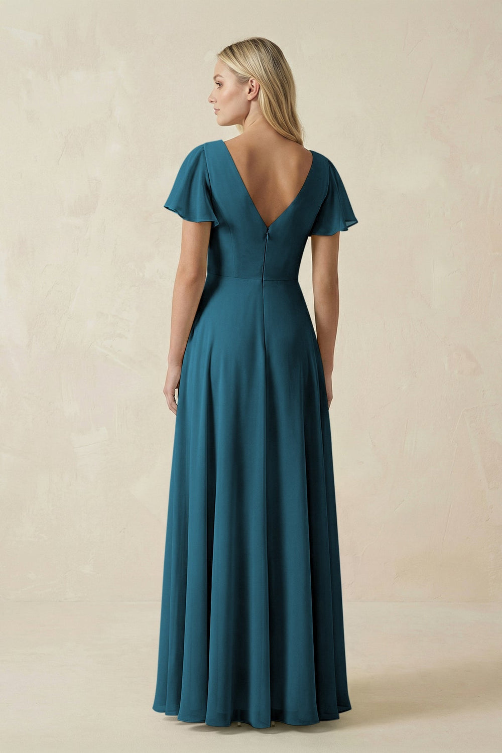 V - Neck Flutter Sleeve A - Line Chiffon Bridesmaid Dress in Dark Teal - SHE IS ME Bridesmaid Dresses