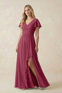 V - Neck Flutter Sleeve A - Line Chiffon Bridesmaid Dress in Desert Rose - SHE IS ME Bridesmaid Dresses
