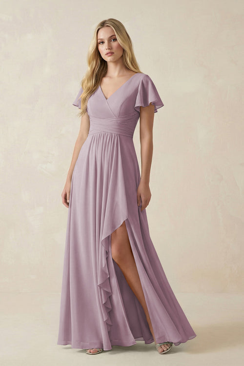 V - Neck Flutter Sleeve A - Line Chiffon Bridesmaid Dress in Dusk - SHE IS ME Bridesmaid Dresses