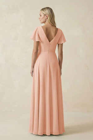 V - Neck Flutter Sleeve A - Line Chiffon Bridesmaid Dress in English Rose - SHE IS ME Bridesmaid Dresses