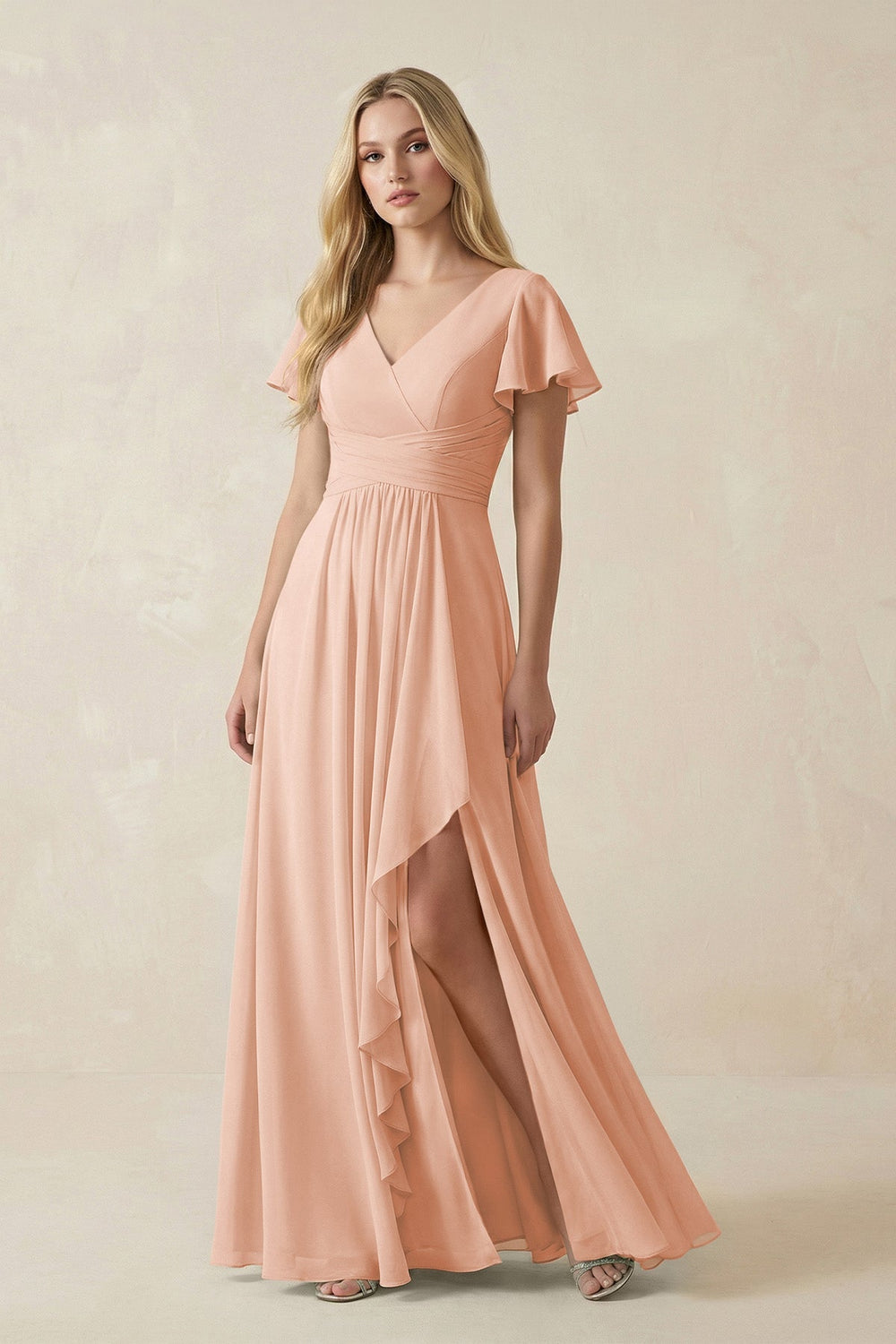 V - Neck Flutter Sleeve A - Line Chiffon Bridesmaid Dress in English Rose - SHE IS ME Bridesmaid Dresses