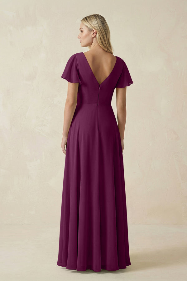 V - Neck Flutter Sleeve A - Line Chiffon Bridesmaid Dress in Fig - SHE IS ME Bridesmaid Dresses