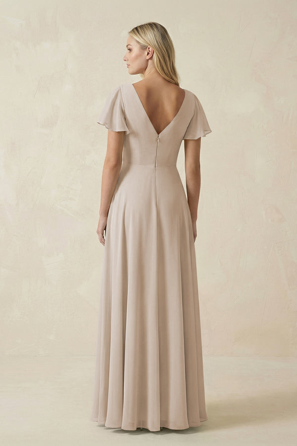 V - Neck Flutter Sleeve A - Line Chiffon Bridesmaid Dress in Frost - SHE IS ME Bridesmaid Dresses
