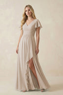 V - Neck Flutter Sleeve A - Line Chiffon Bridesmaid Dress in Frost - SHE IS ME Bridesmaid Dresses