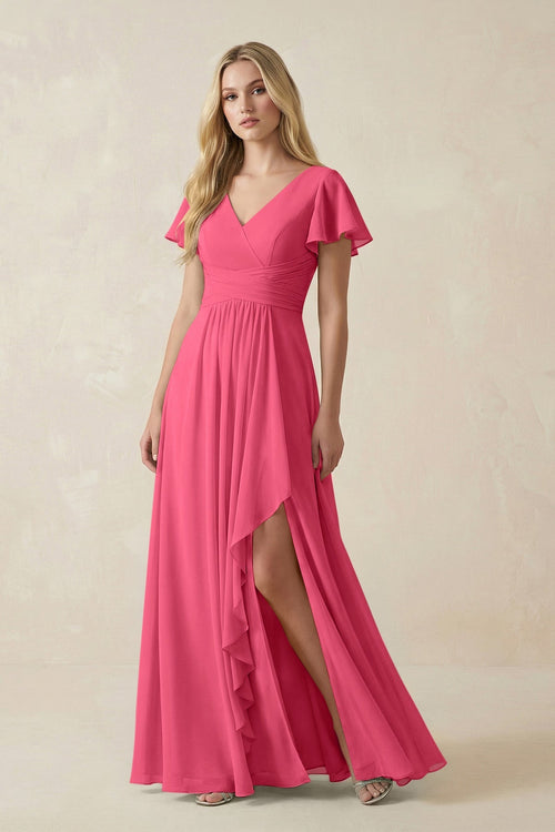 V - Neck Flutter Sleeve A - Line Chiffon Bridesmaid Dress in Fuchsia - SHE IS ME Bridesmaid Dresses