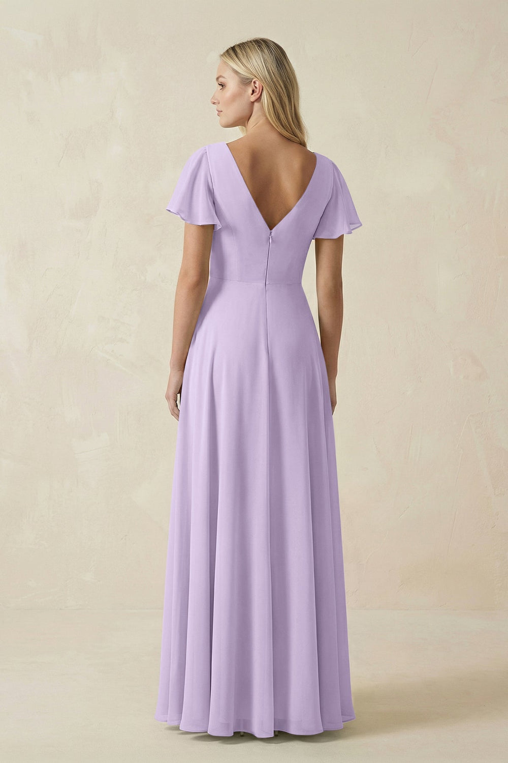 V - Neck Flutter Sleeve A - Line Chiffon Bridesmaid Dress in Lavender - SHE IS ME Bridesmaid Dresses