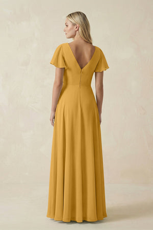 V - Neck Flutter Sleeve A - Line Chiffon Bridesmaid Dress in Marigold - SHE IS ME Bridesmaid Dresses