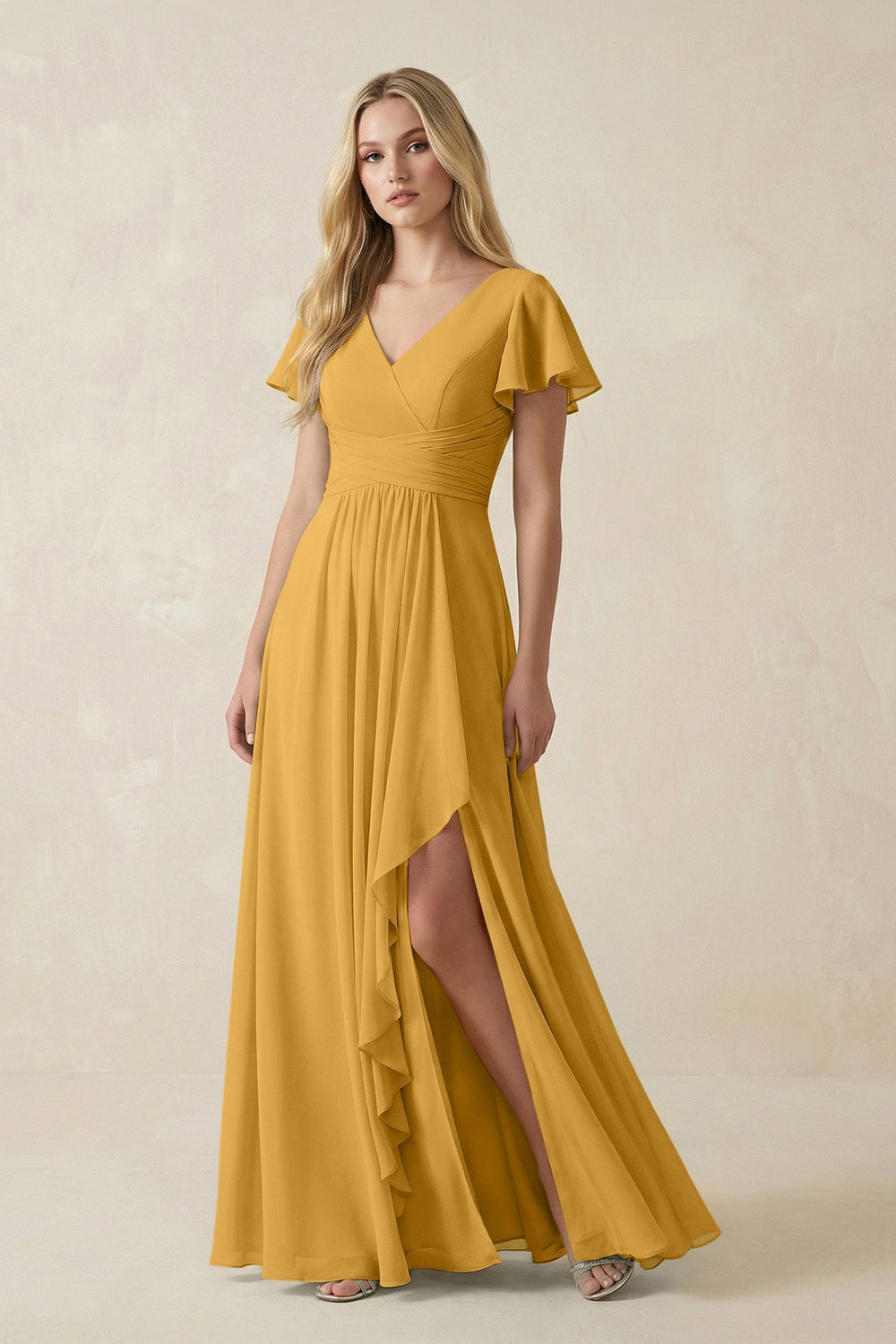 V - Neck Flutter Sleeve A - Line Chiffon Bridesmaid Dress in Marigold - SHE IS ME Bridesmaid Dresses