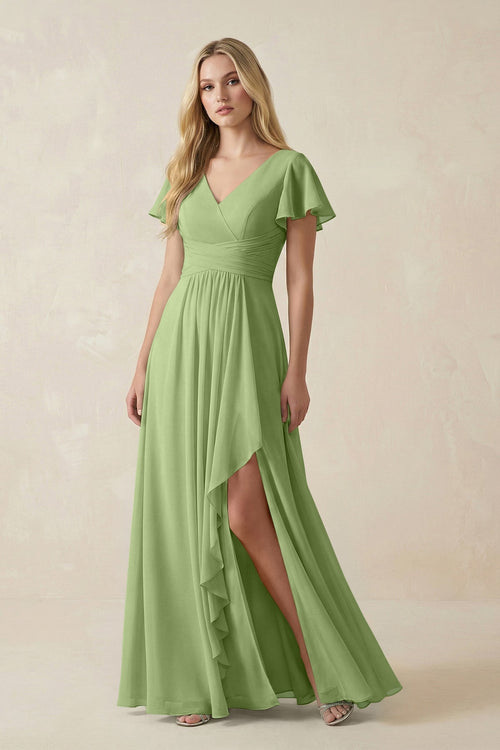 V - Neck Flutter Sleeve A - Line Chiffon Bridesmaid Dress in Matcha - SHE IS ME Bridesmaid Dresses