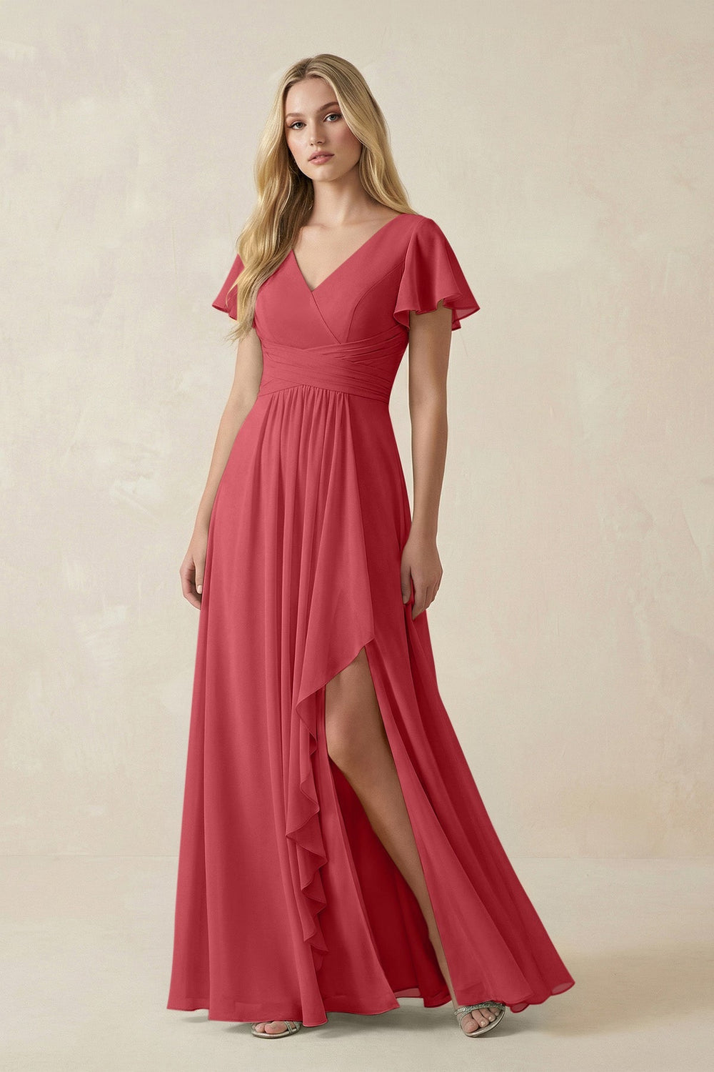 V - Neck Flutter Sleeve A - Line Chiffon Bridesmaid Dress in Merlot - SHE IS ME Bridesmaid Dresses