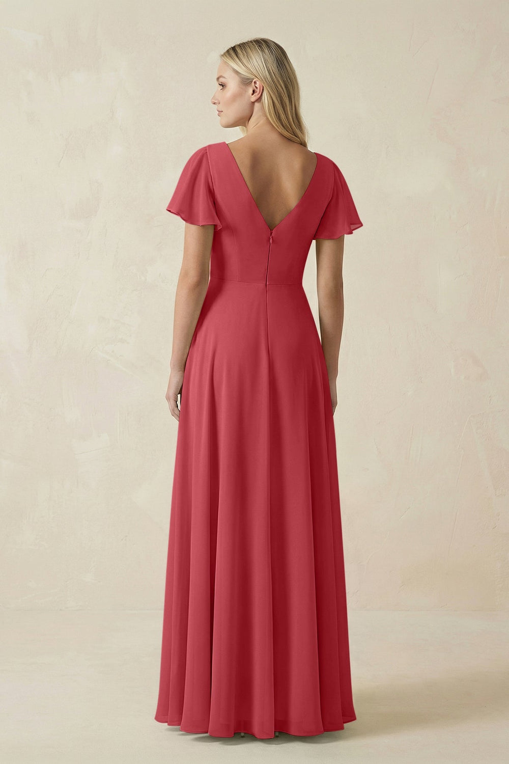 V - Neck Flutter Sleeve A - Line Chiffon Bridesmaid Dress in Merlot - SHE IS ME Bridesmaid Dresses