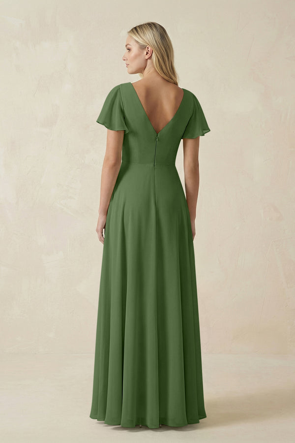 V - Neck Flutter Sleeve A - Line Chiffon Bridesmaid Dress in Moss - SHE IS ME Bridesmaid Dresses