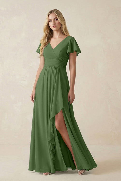 V - Neck Flutter Sleeve A - Line Chiffon Bridesmaid Dress in Moss - SHE IS ME Bridesmaid Dresses
