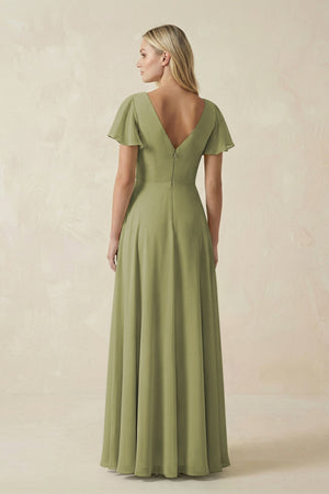 V - Neck Flutter Sleeve A - Line Chiffon Bridesmaid Dress in Moss Green - SHE IS ME Bridesmaid Dresses