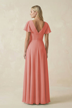 V - Neck Flutter Sleeve A - Line Chiffon Bridesmaid Dress in Mulberry - SHE IS ME Bridesmaid Dresses