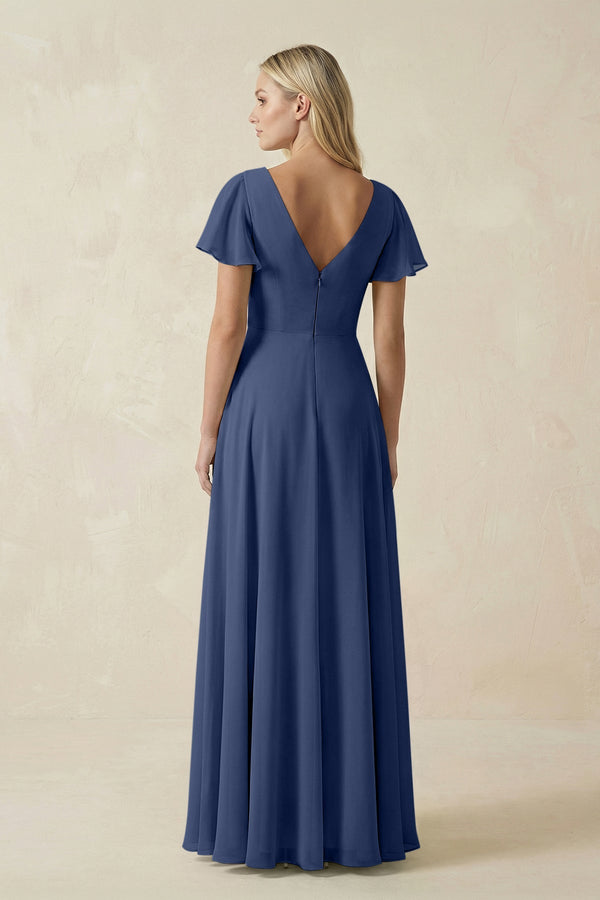 V - Neck Flutter Sleeve A - Line Chiffon Bridesmaid Dress in Navy - SHE IS ME Bridesmaid Dresses