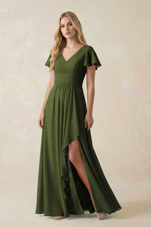 V - Neck Flutter Sleeve A - Line Chiffon Bridesmaid Dress in Olive - SHE IS ME Bridesmaid Dresses