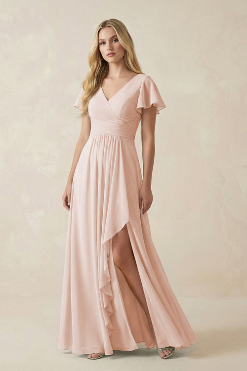 V - Neck Flutter Sleeve A - Line Chiffon Bridesmaid Dress in Pale Blush - SHE IS ME Bridesmaid Dresses