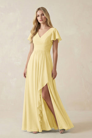 V - Neck Flutter Sleeve A - Line Chiffon Bridesmaid Dress in Pastel Yellow - SHE IS ME Bridesmaid Dresses