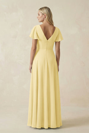 V - Neck Flutter Sleeve A - Line Chiffon Bridesmaid Dress in Pastel Yellow - SHE IS ME Bridesmaid Dresses