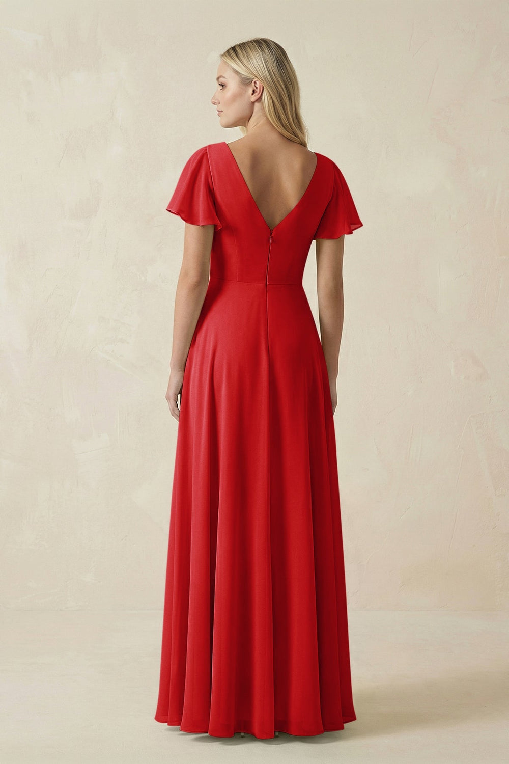 V - Neck Flutter Sleeve A - Line Chiffon Bridesmaid Dress in Ruby Red - SHE IS ME Bridesmaid Dresses
