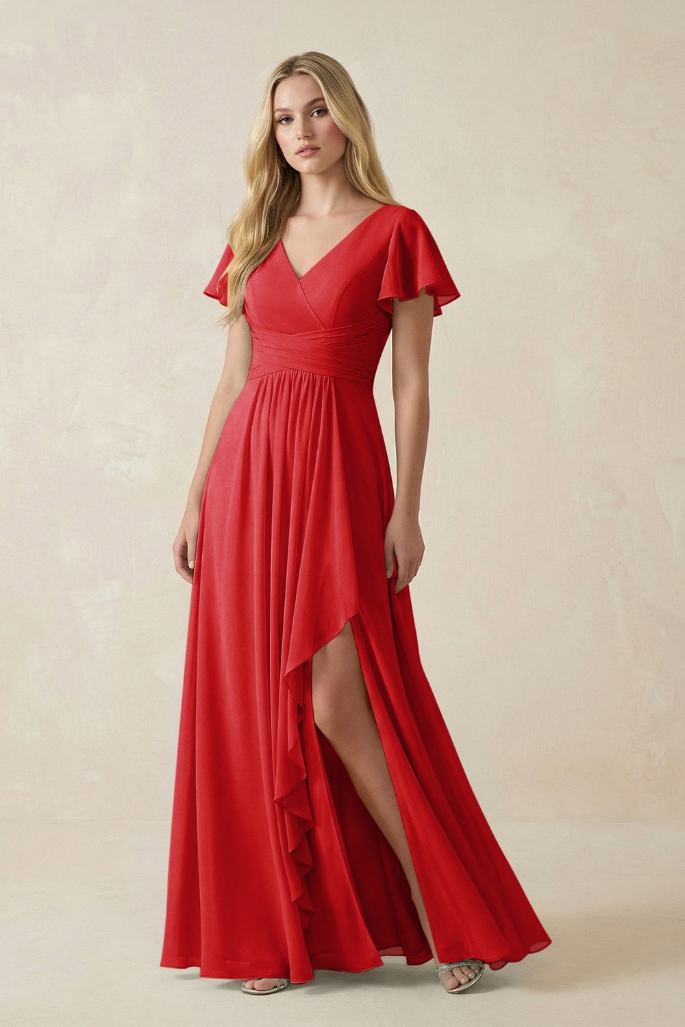 V - Neck Flutter Sleeve A - Line Chiffon Bridesmaid Dress in Ruby Red - SHE IS ME Bridesmaid Dresses