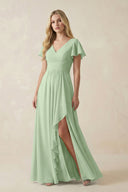 V - Neck Flutter Sleeve A - Line Chiffon Bridesmaid Dress in Sage - SHE IS ME Bridesmaid Dresses