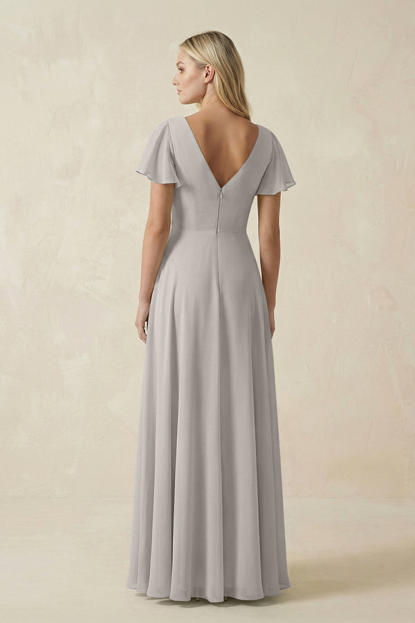 V - Neck Flutter Sleeve A - Line Chiffon Bridesmaid Dress in Silver - SHE IS ME Bridesmaid Dresses