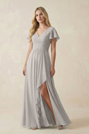 V - Neck Flutter Sleeve A - Line Chiffon Bridesmaid Dress in Silver - SHE IS ME Bridesmaid Dresses