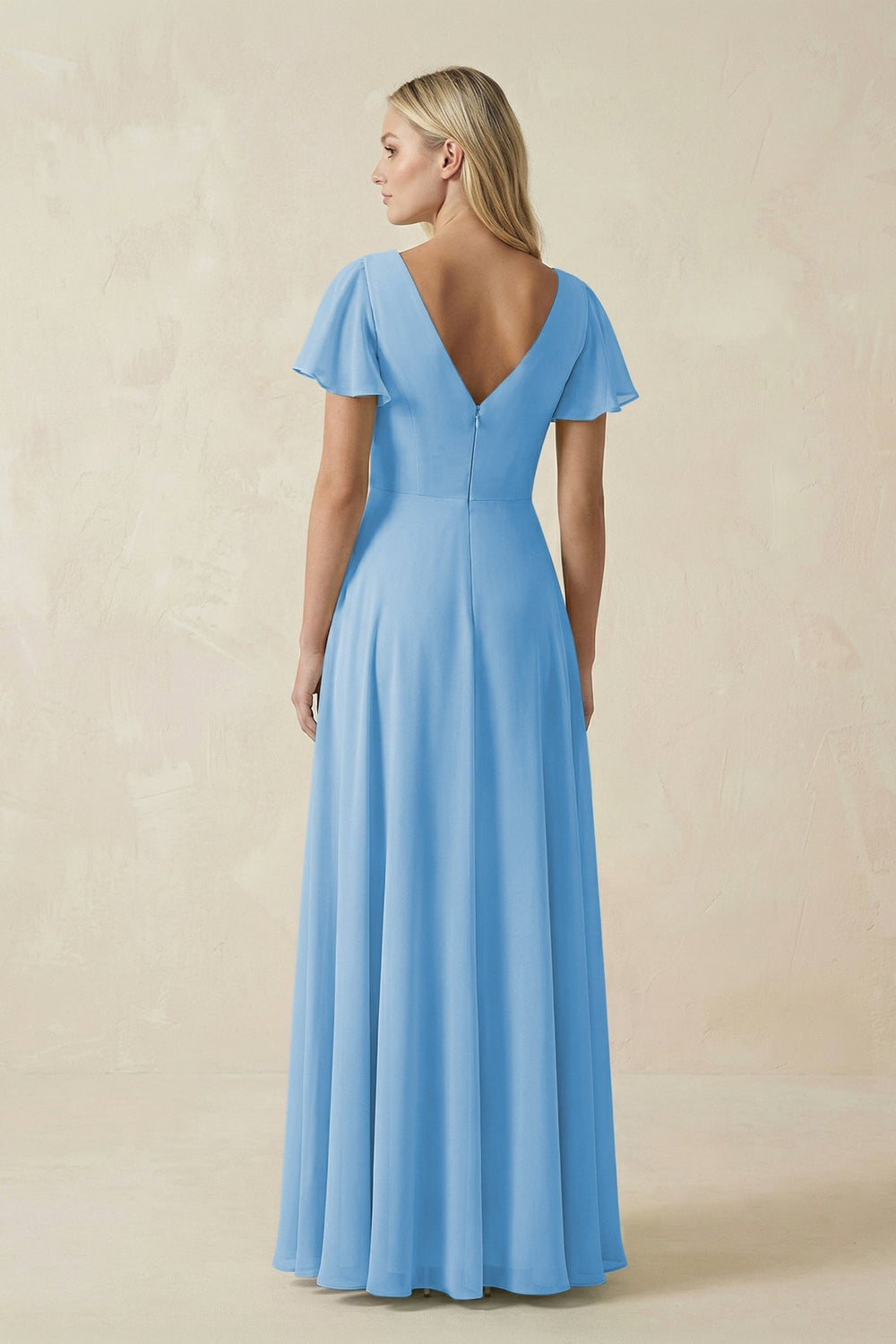 V - Neck Flutter Sleeve A - Line Chiffon Bridesmaid Dress in Steel Blue - SHE IS ME Bridesmaid Dresses