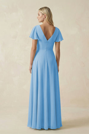 V - Neck Flutter Sleeve A - Line Chiffon Bridesmaid Dress in Steel Blue - SHE IS ME Bridesmaid Dresses