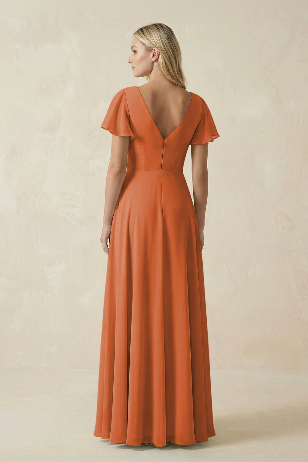 V - Neck Flutter Sleeve A - Line Chiffon Bridesmaid Dress in Terracotta - SHE IS ME Bridesmaid Dresses