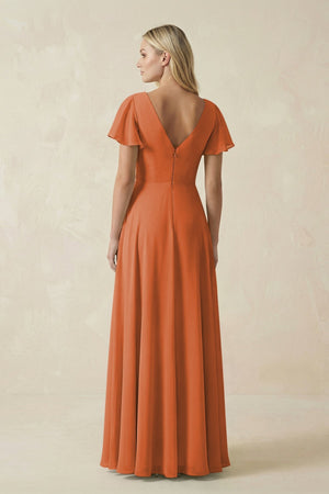 V - Neck Flutter Sleeve A - Line Chiffon Bridesmaid Dress in Terracotta - SHE IS ME Bridesmaid Dresses