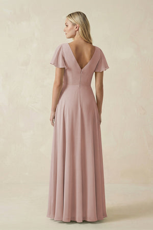 V - Neck Flutter Sleeve A - Line Chiffon Bridesmaid Dress in Toffee - SHE IS ME Bridesmaid Dresses