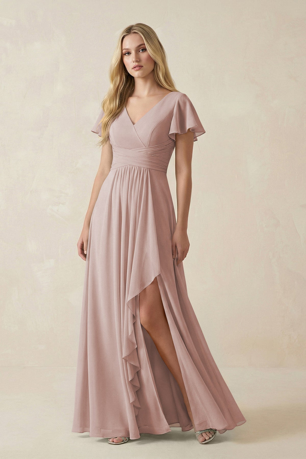 V - Neck Flutter Sleeve A - Line Chiffon Bridesmaid Dress in Toffee - SHE IS ME Bridesmaid Dresses