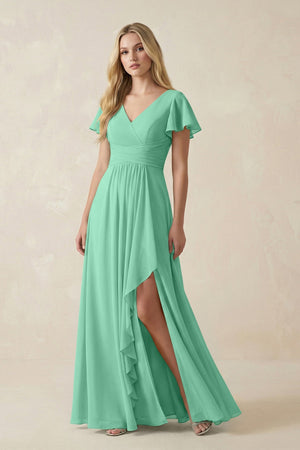 V - Neck Flutter Sleeve A - Line Chiffon Bridesmaid Dress in Turquoise - SHE IS ME Bridesmaid Dresses