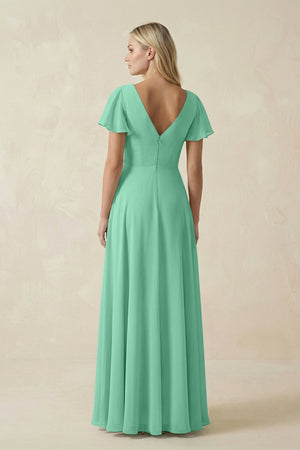 V - Neck Flutter Sleeve A - Line Chiffon Bridesmaid Dress in Turquoise - SHE IS ME Bridesmaid Dresses