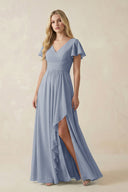V - Neck Flutter Sleeve A - Line Chiffon Bridesmaid Dress in Twilight - SHE IS ME Bridesmaid Dresses