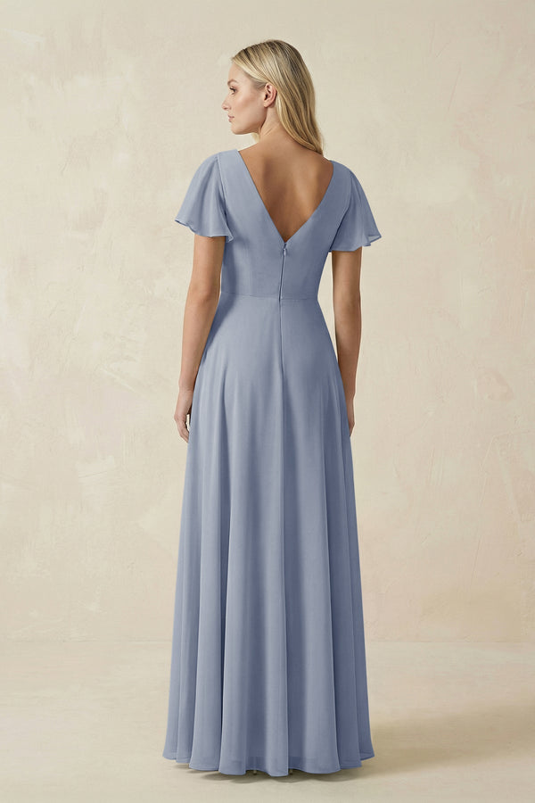 V - Neck Flutter Sleeve A - Line Chiffon Bridesmaid Dress in Twilight - SHE IS ME Bridesmaid Dresses