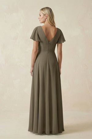 V - Neck Flutter Sleeve A - Line Chiffon Bridesmaid Dress in Willow Green - SHE IS ME Bridesmaid Dresses