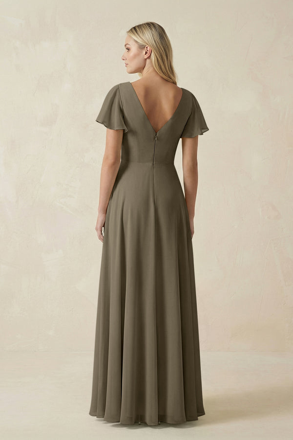 V - Neck Flutter Sleeve A - Line Chiffon Bridesmaid Dress in Willow Green - SHE IS ME Bridesmaid Dresses