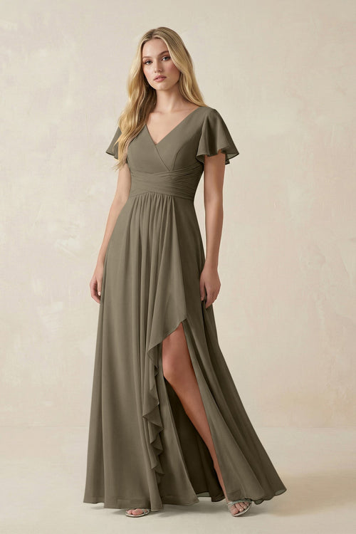V - Neck Flutter Sleeve A - Line Chiffon Bridesmaid Dress in Willow Green - SHE IS ME Bridesmaid Dresses