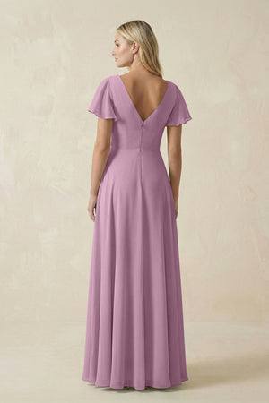 V - Neck Flutter Sleeve A - Line Chiffon Bridesmaid Dress in Wisteria - SHE IS ME Bridesmaid Dresses